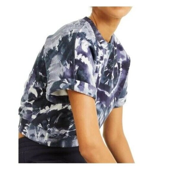 INC Women XS Navy Tie Dye Short Sleeve Cropped Sweatshirt Top NWT Z69 - Picture 1 of 5